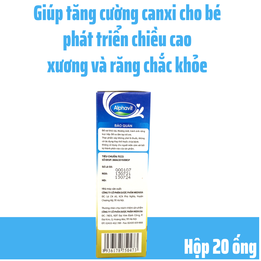 Siro Alphavit Nano Canxi- Bổ Sung Canxi Nano- Giúp bé tăng chiều cao, Xương và Răng chắc khỏe- Hộp 20 ống