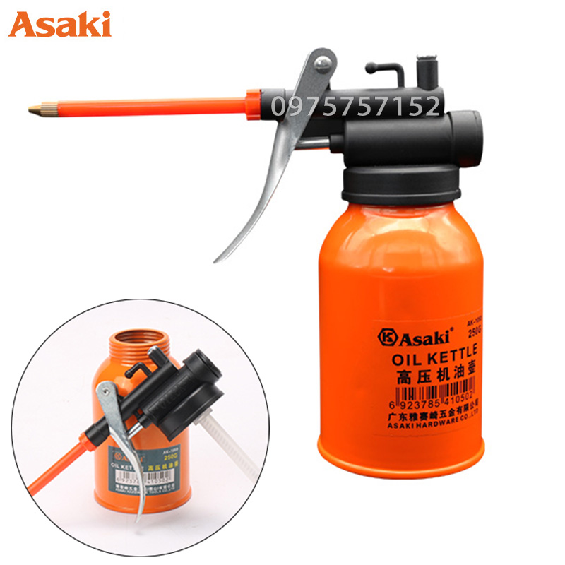 Bình châm nhớt kim loại ống cứng Asaki AK-1050, vịt dầu kim loại cho máy móc cơ khí (Bình châm dầu nhớt sắt) bình phun nhớt đầu phun bằng đồng, ống cứng cáp, hợp kim siêu bền sơn tĩnh điện chống gỉ hiệu quả cao, áp suất mạnh
