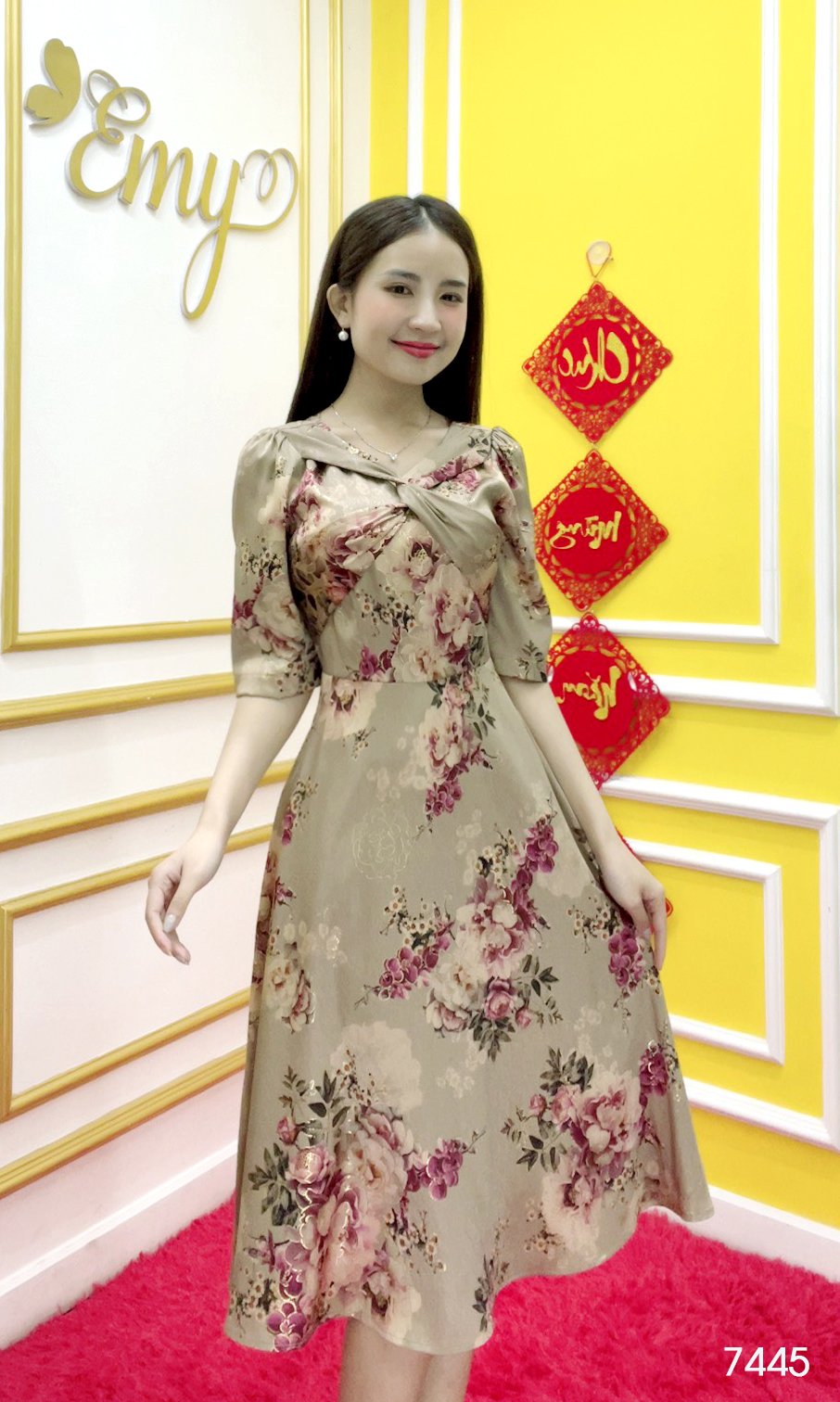 Đầm EMY EM7445 Xoè Lụa Vân Pháp LVP Xoắn Ngực