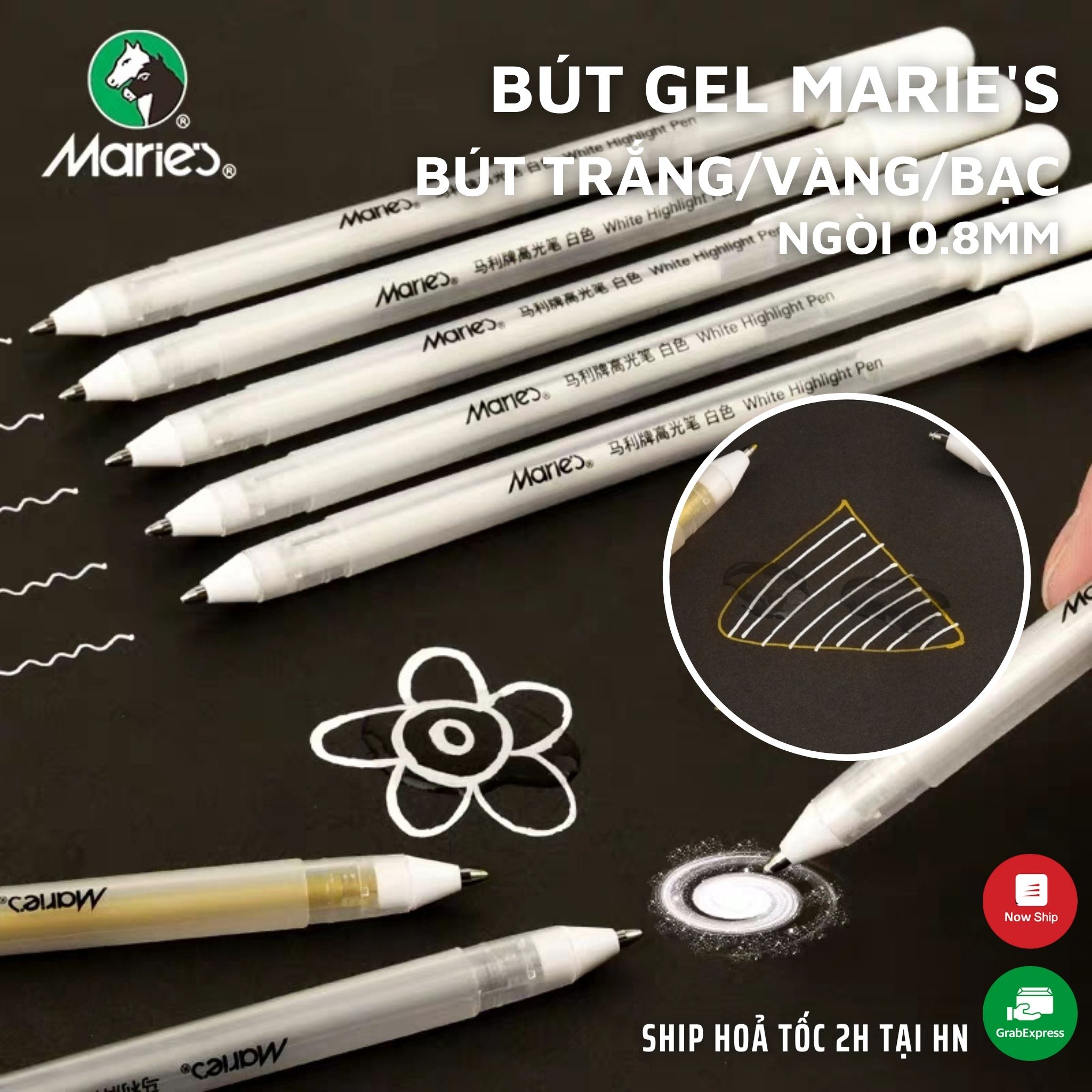 Bút trắng Marie's - Bút gel trắng/vàng/bạc -Gold/Silver/White ink