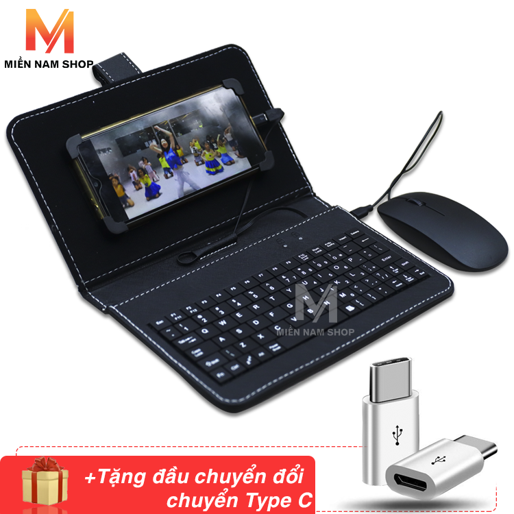 Bao da bàn phím kèm chuột máy tính bảng từ 4.5-7 inch + Đầu chuyển đổi Micro USB sang Type C