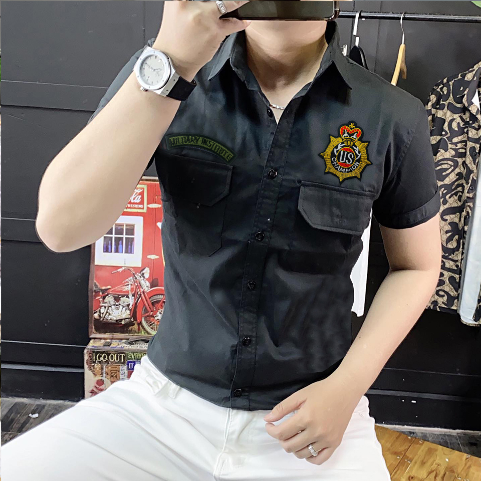 Áo sơ mi nam cầu vai tay ngắn đen thêu logo US Army cao cấp chất kaki siêu đẹp SM327