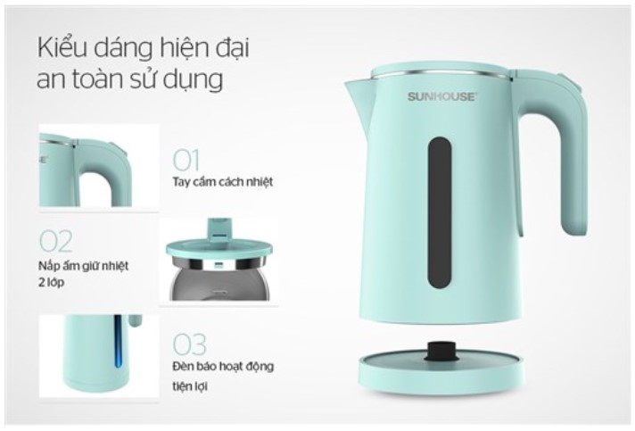 Ấm siêu tốc. Bình đun siêu tốc cao cấp inox 2 lớp 1.8L
