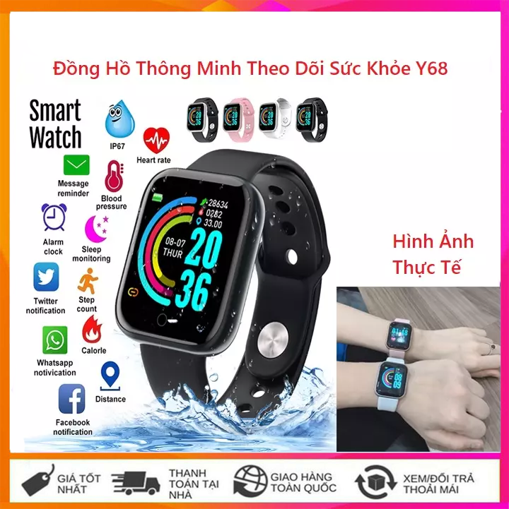 Đồng hồ thông minh Y68 Không Thấm Nước Màu Hồng Đồng Hồ Thông Minh Kỹ Thuật Số