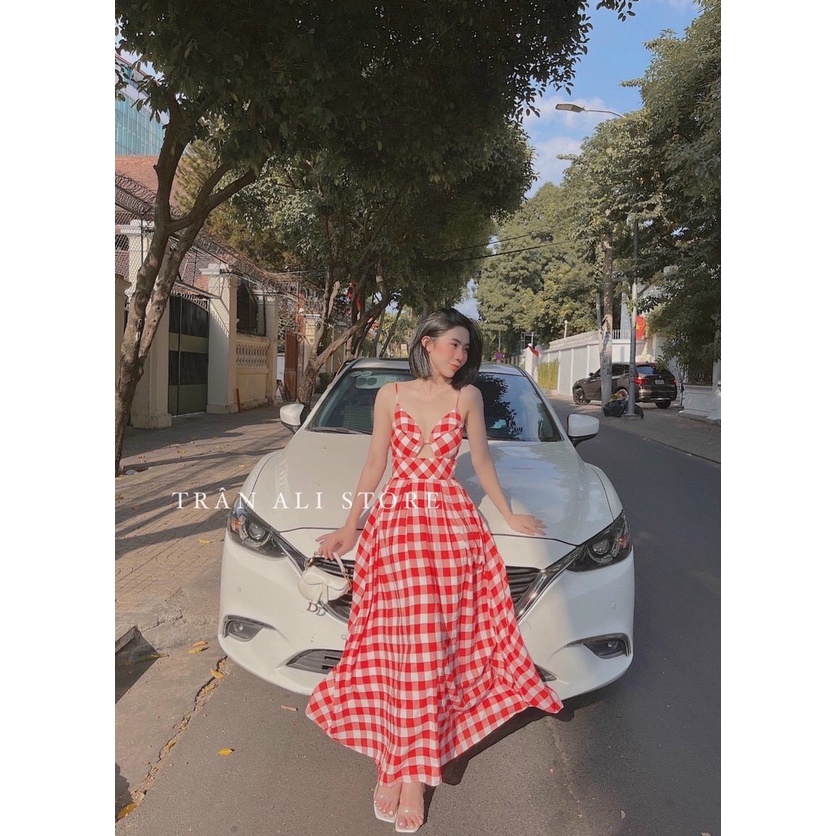 Đầm maxi caro khoét 2 dây - Maxi Ngọc Lan