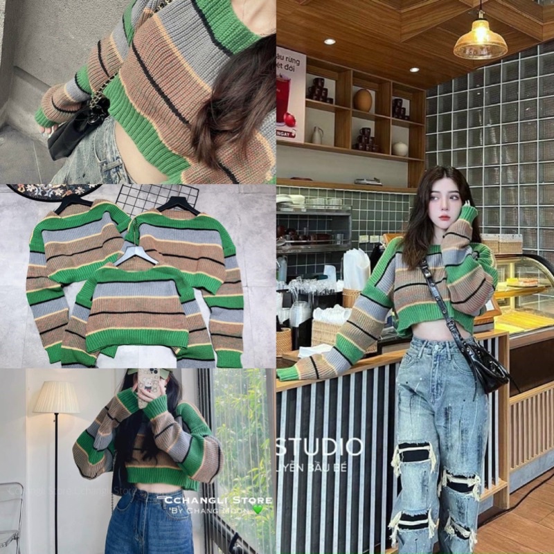 Áo len kẻ xanh croptop hót hít 12