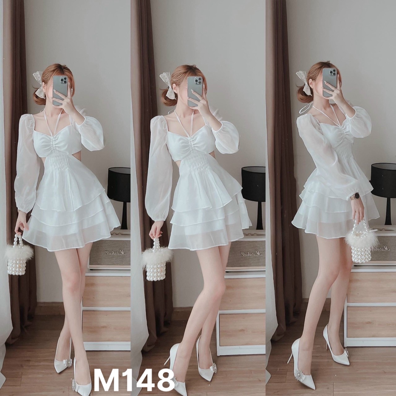 Đầm voan chiffon hở eo kèm dây có mút ngực M148