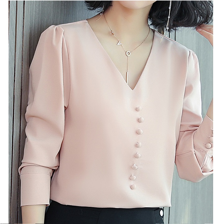 Áo Sơ Mi Nữ Công Sở Kiểu Cổ Tim Ngực Đính Nút Bọc