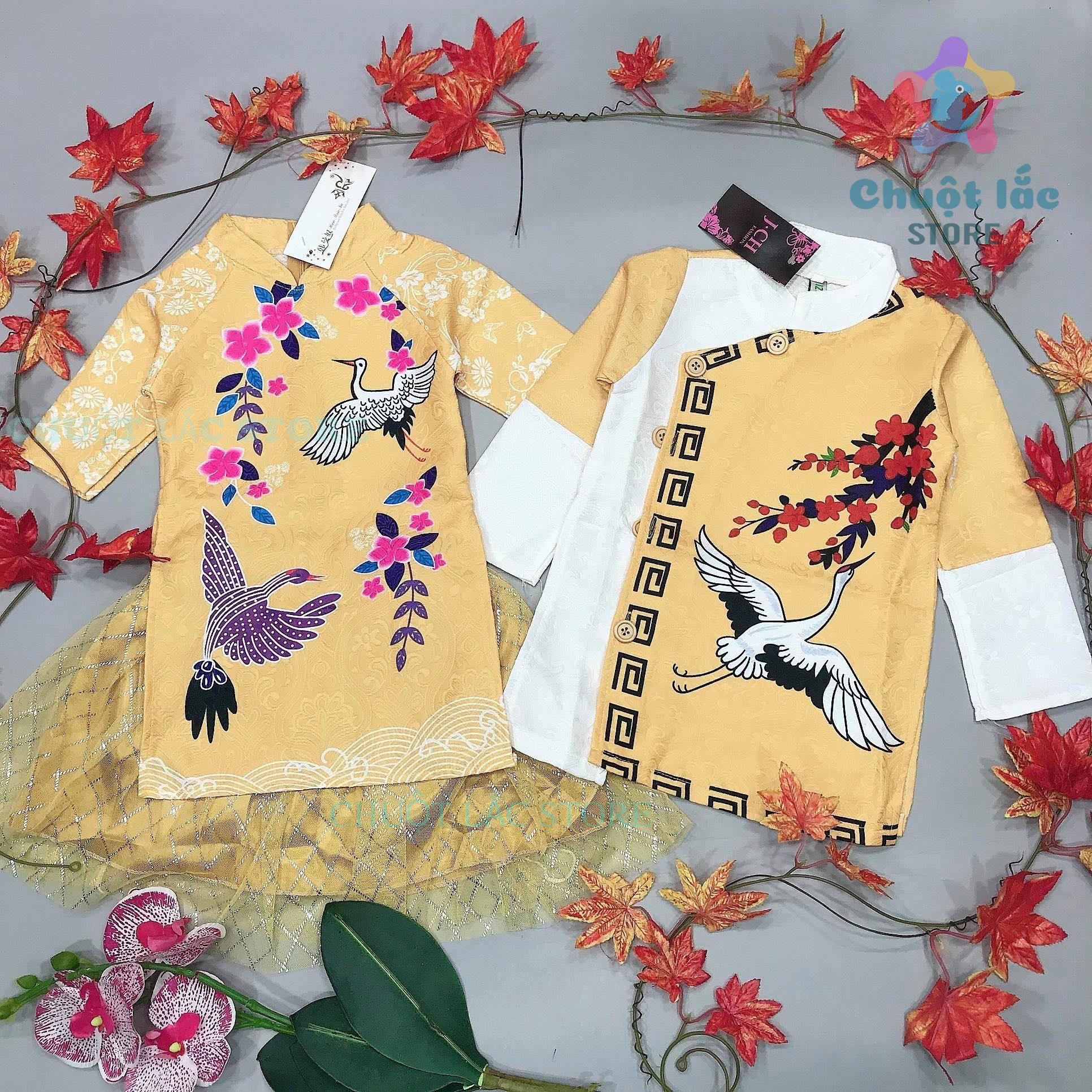 [HCM]Áo dài cách tân cho bé trai bé gái Áo dài Tết mẫu mới hottrend hình cò hạc vải gấm cao cấp cho bé từ 9kg đến 35kg (màu đỏ màu vàng) [Chuột Lắc Store]