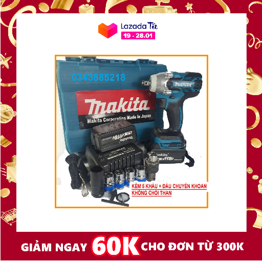Siết Bulong Makita 118V Không Chổi Than Tặng kèm 6 bộ khẩu + 1 đầu chuyển bắt vít, máy khoan pin Makita