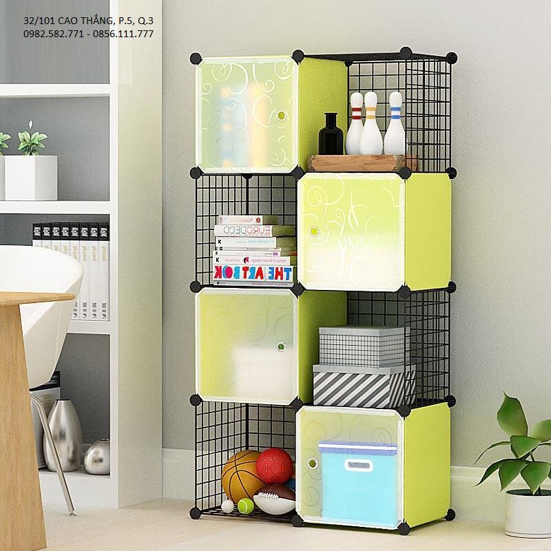 KỆ SÁCH NHỰA KHUNG THÉP 4 TẦNG 8 NGĂN- TỦ LƯỚI SẮT PHỐI NHỰA SƠN TĨNH ĐIỆN LẮP GHÉP-KỆ CHỨA ĐỒ DÙNG SINH HOẠT