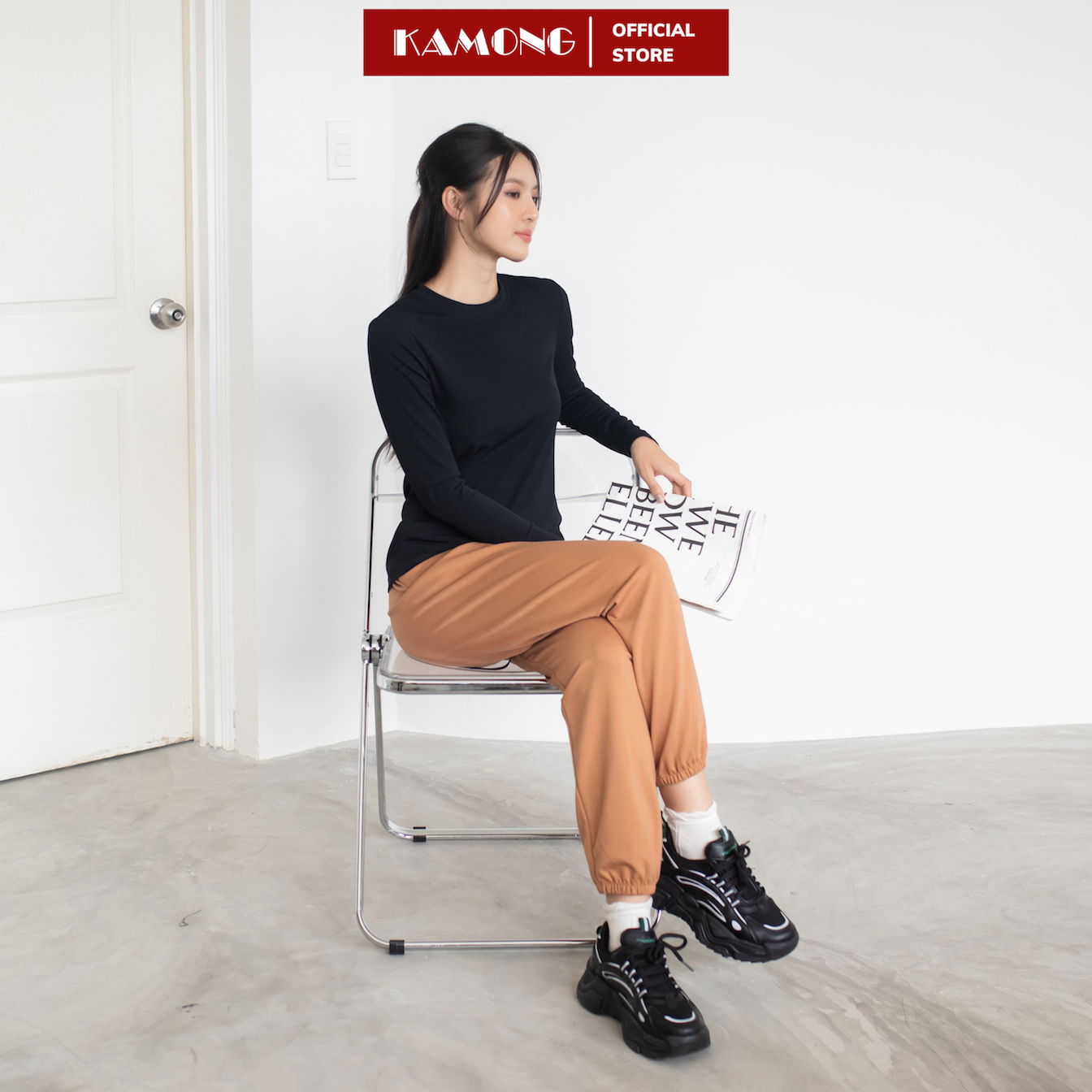 Áo thun nữ tay dài KAMONG kiểu dáng basic chất liệu thun tăm A151