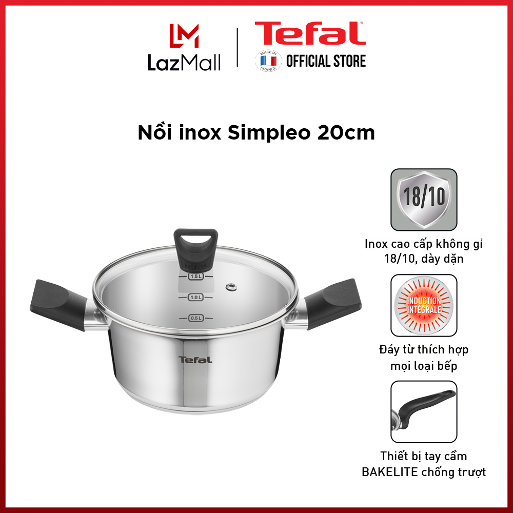 Nồi inox chống dính đáy từ Tefal Simpleo 20cm, dùng cho mọi loại bếp- Gian hàng chính hãng bảo hành 2 năm-B9054495