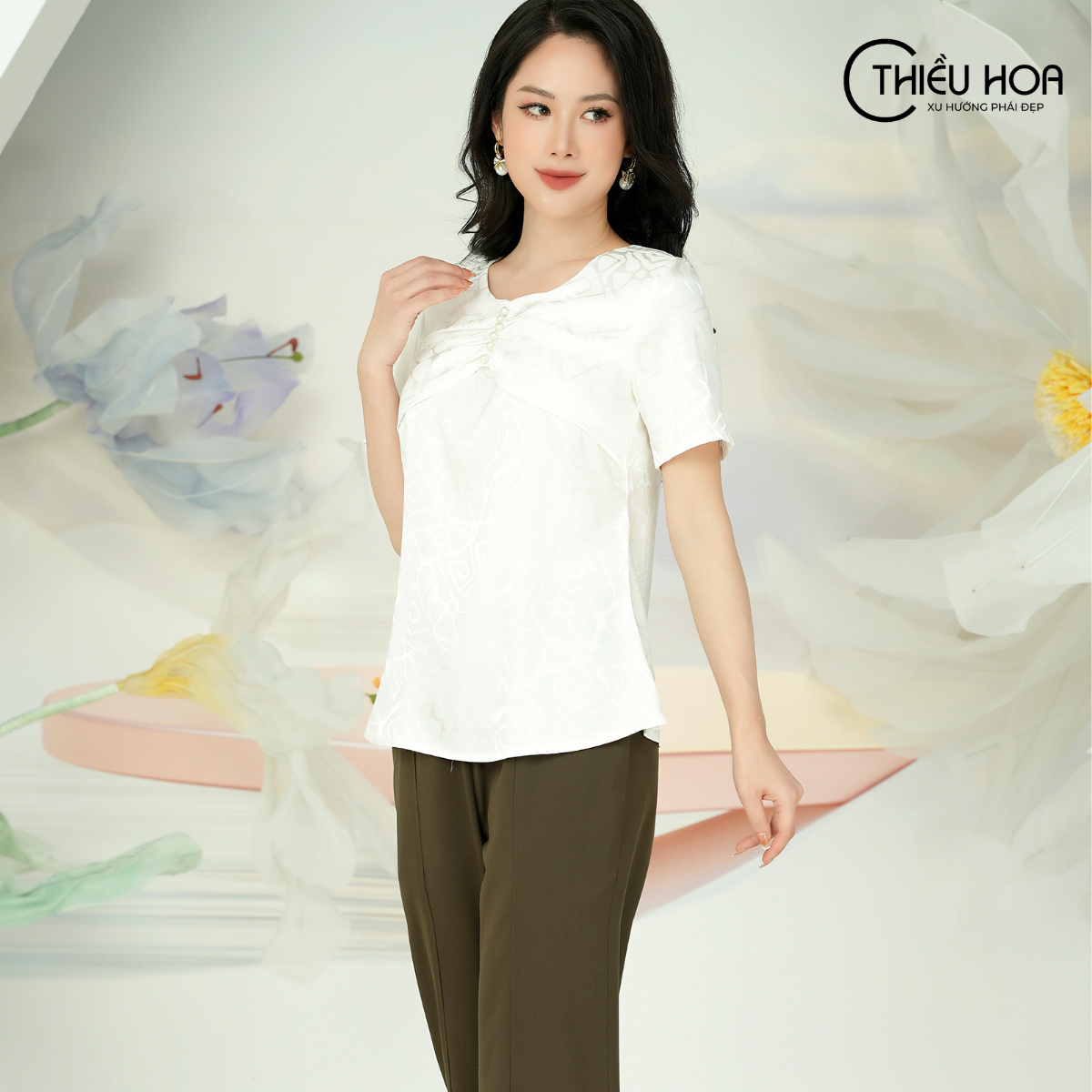 Áo lụa kiểu nữ thanh lịch, sang trọng thương hiệu Thiều Hoa L0910