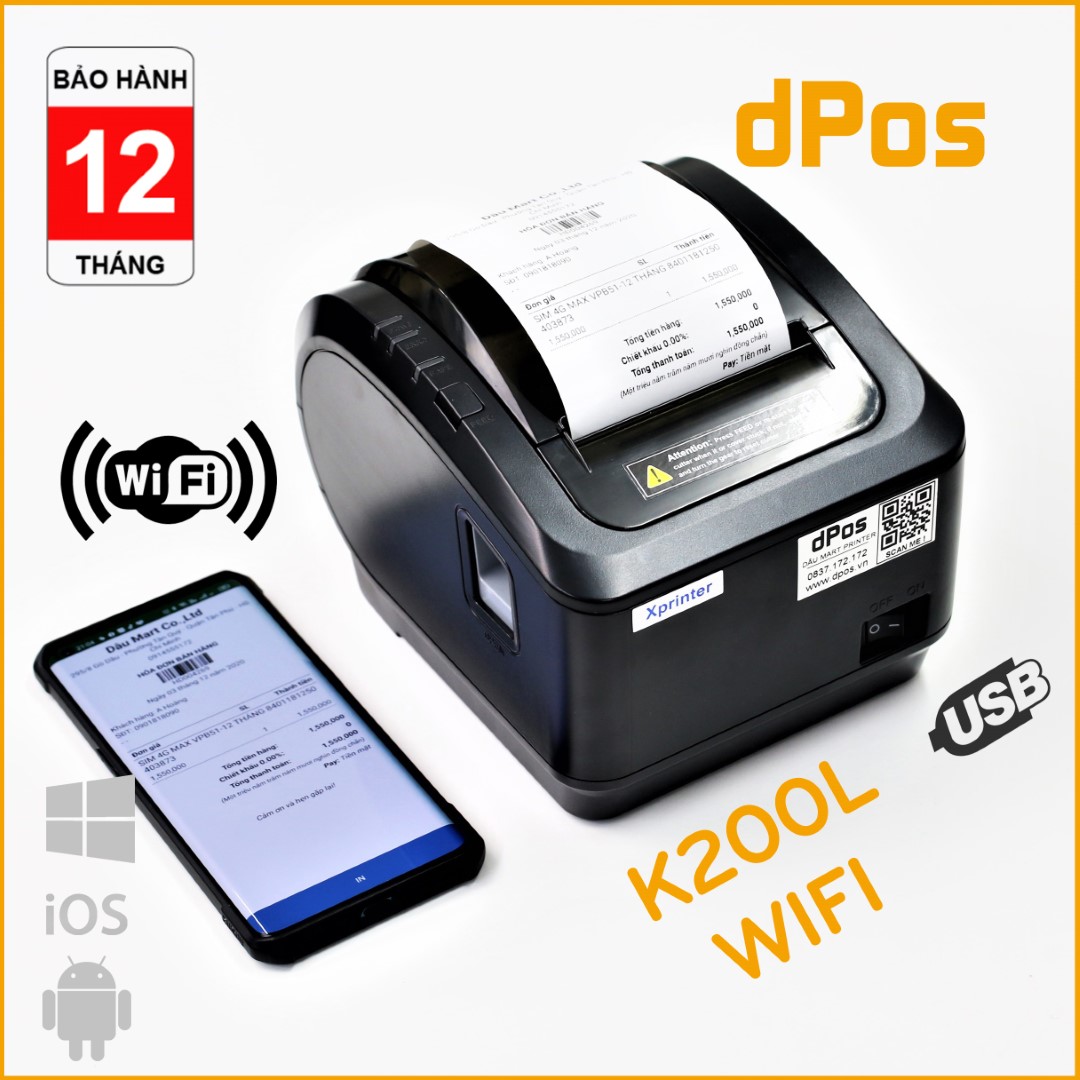 [HCM]Máy in hoá đơn K80 Xprinter K200L USB/WIFI in Không Dây từ điện thoại máy tính sử dụng giấy in nhiệt 80mm