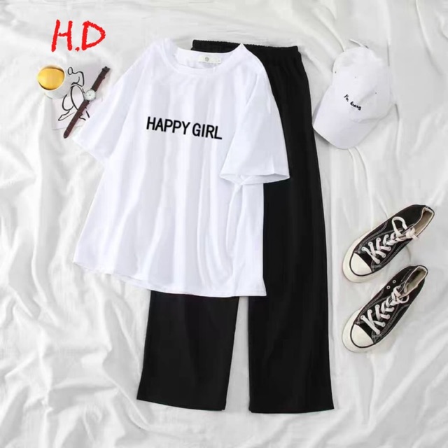 Sét áo happy girl + quần ống rộng dài HD12 , Áo thun nam nữ, quần kaki, quần nữ, sét bộ mặc ở nhà, áo thun tay dài, quần jean ống rộng - FANI