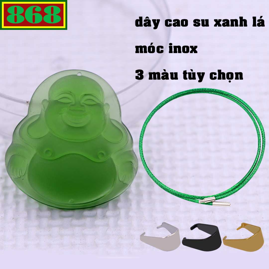 Face Buddha Maitreya Crystal Green enclosed rubber necklace cord green leaves + hook stainless steel, pendant laughing Buddha
