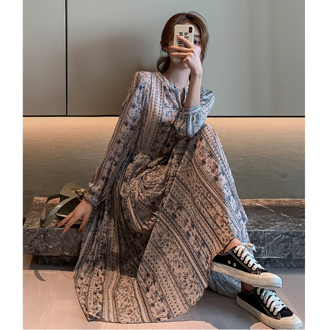 Đầm Maxi Tay Dài Cổ Tim Chiết Eo Form Cực Đẹp Tôn Dáng