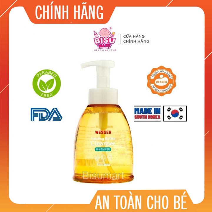 Nước Rửa Bình Sữa núm vú và phụ kiện cho bé Wesser chai 500ml Hàn Quốc nhập khẩu