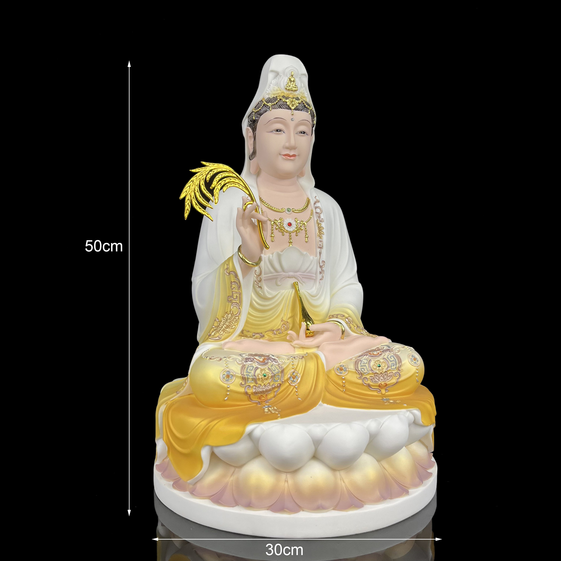 Tôn tượng quan âm 2910 ngồi bục hoa sen áo đỏ , vàng bằng nhựa cứng - phật giáo tường thuận