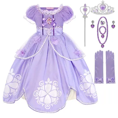 Princess Sofia Dresses Costume Girls Party Dress Halloween Cosplay Clothes Sequined Tulle Fancy Kids Birthday Cosplay Costume Dress