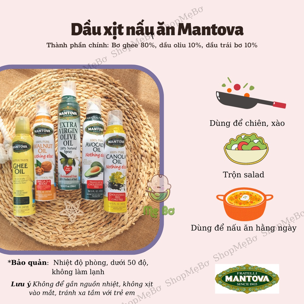 MANTOVA DẦU XỊT NẤU ĂN 250/147ml (dầu hạt cải, olive, trái bơ, ghee, óc cho…)