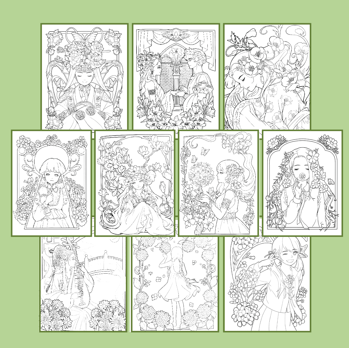 Tranh tô màu nước line art bộ Hoa & cô gái của YuoYuo