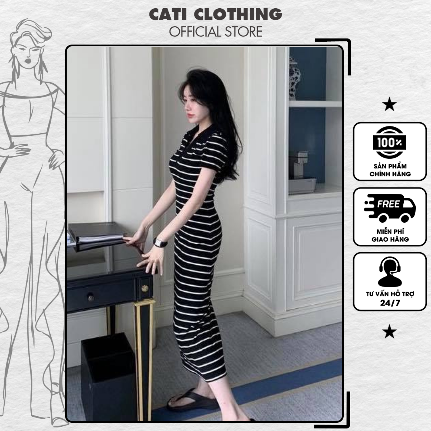 Đầm body kẻ cổ V A2139