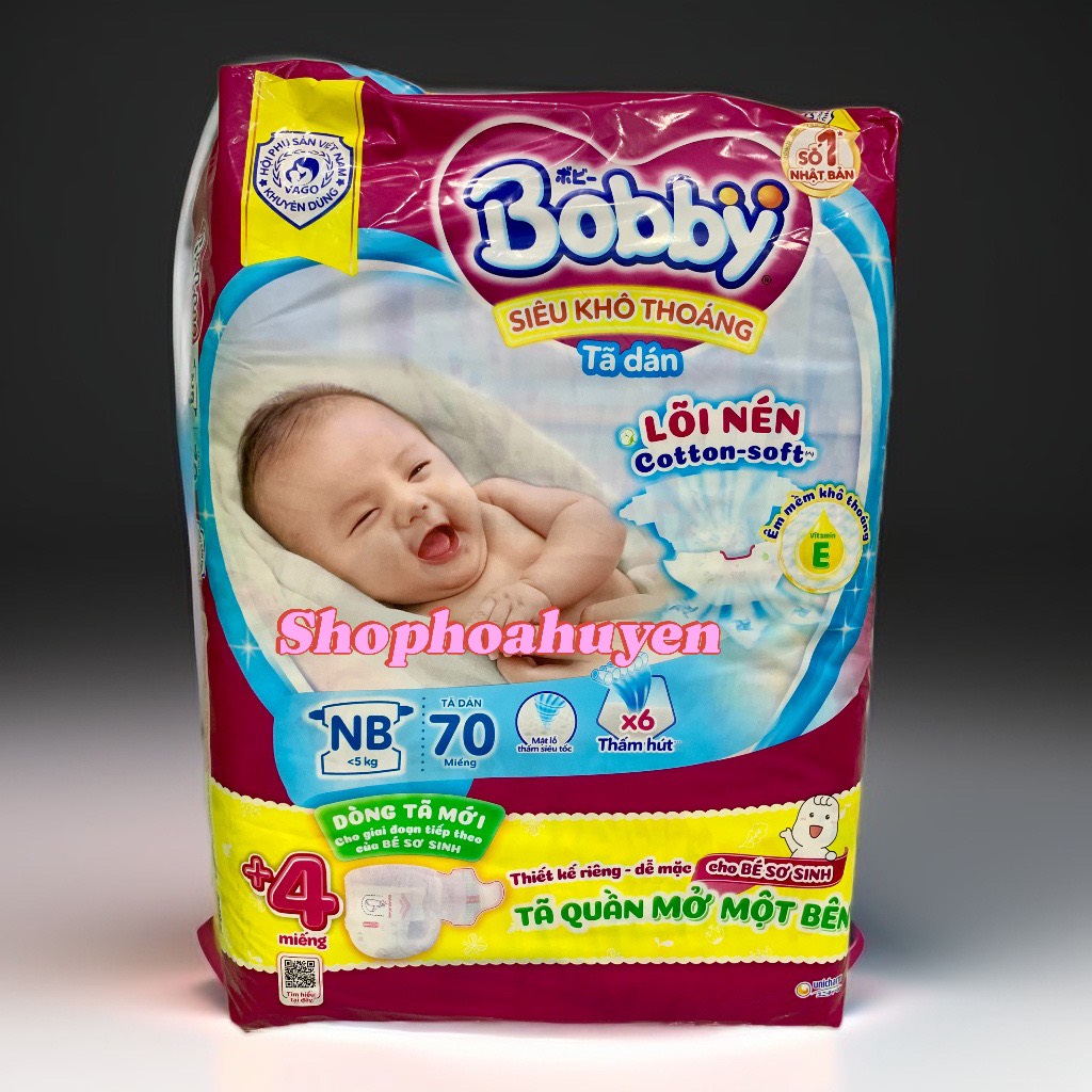 Tã dán sơ sinh Bobby NB 70 miếng và 38 miếng 0-5kg Bĩm dán sơ sinh Bobby tặng kèm 4 miếng HÀNG CHÍNH HÃNG