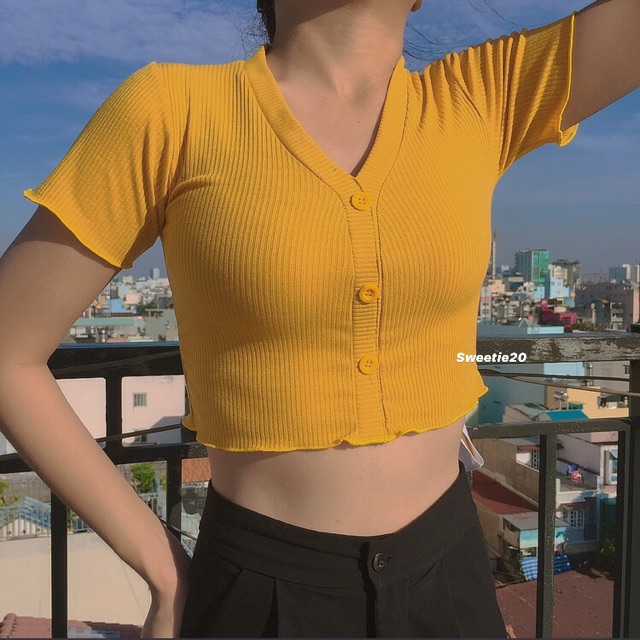 áo croptop đính 3 cúc giả thun gân