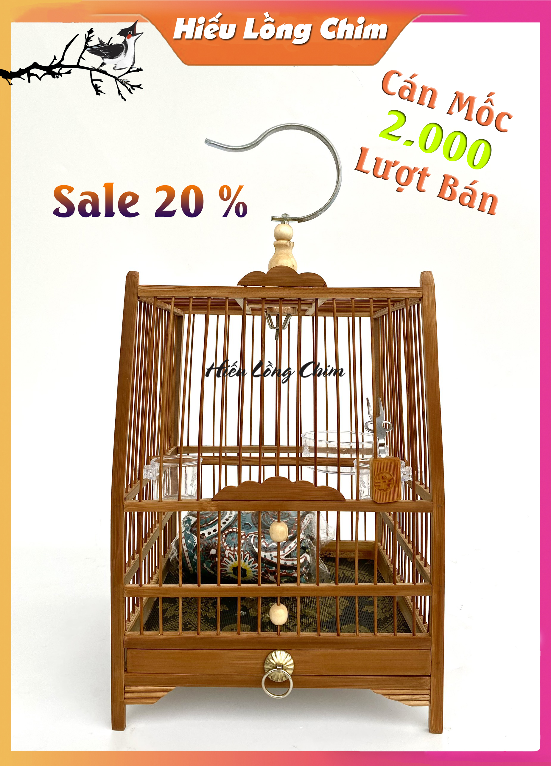 Lồng chim khuyên + chim hút mật phom thái chất liệu trúc già cật