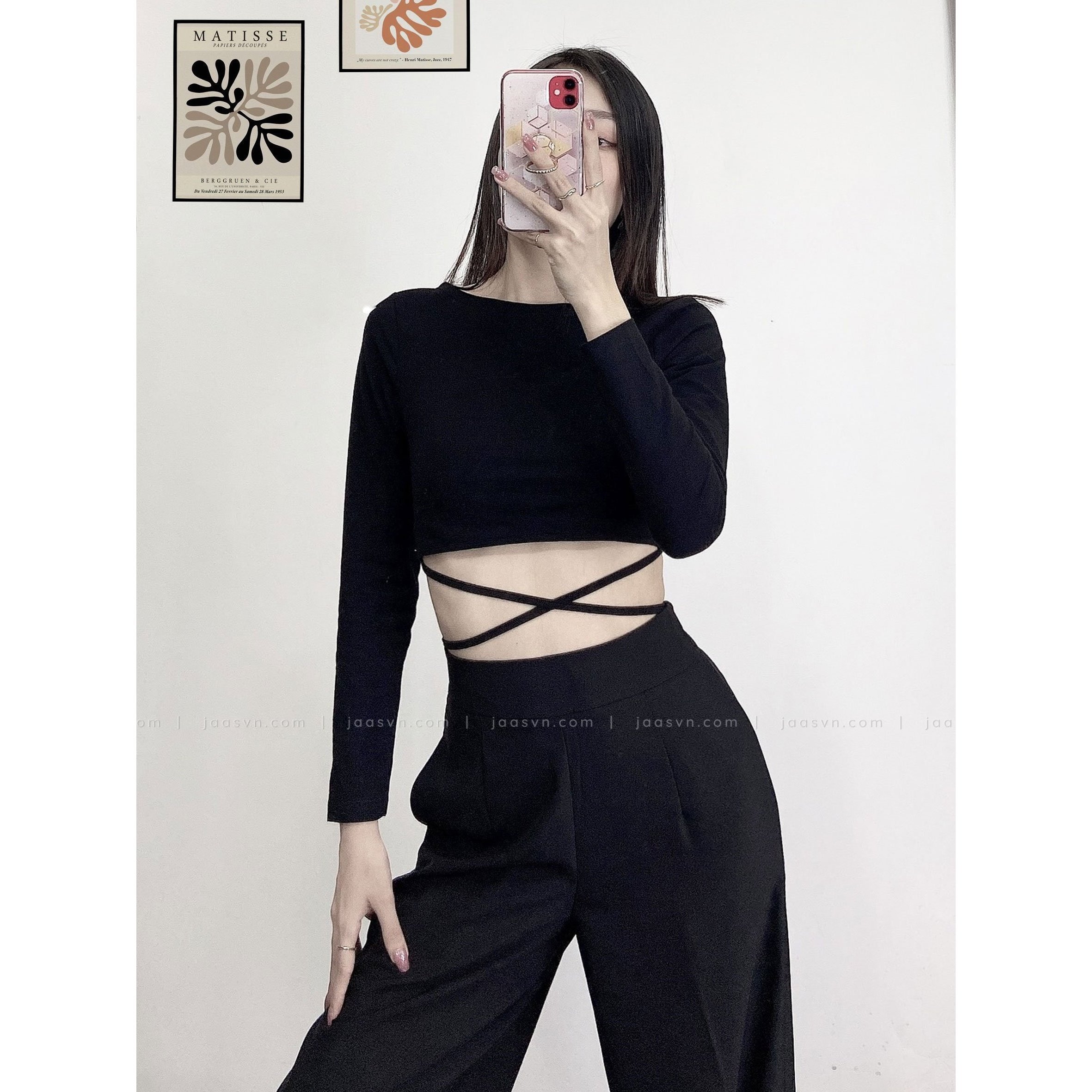 [HCM]Áo croptop tay dài thắt dây eo cá tính