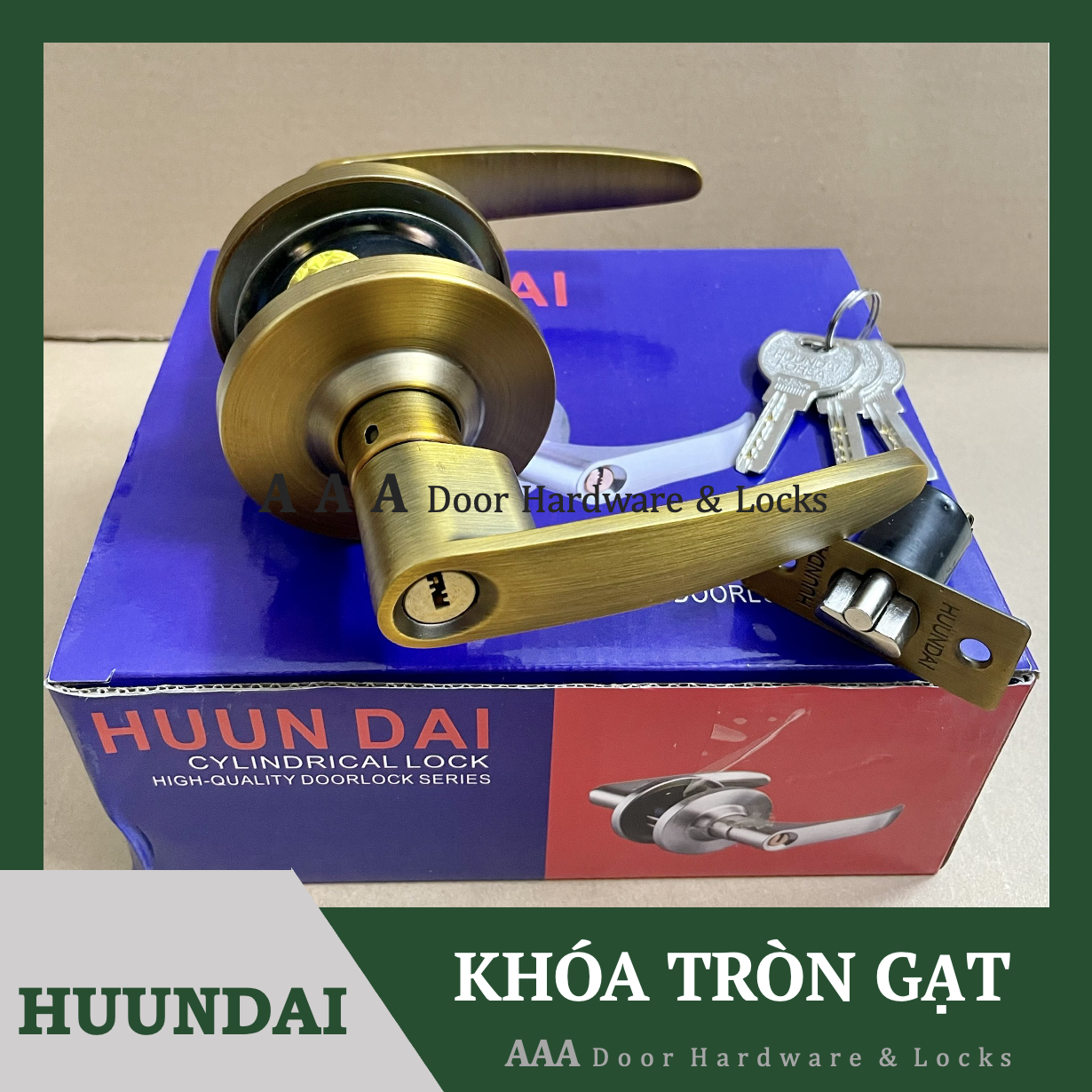 Khóa Tròn Gạt Huundai 15# chính hãng màu Vàng đồng cổ điển - Khóa tay gạt vàng rêu