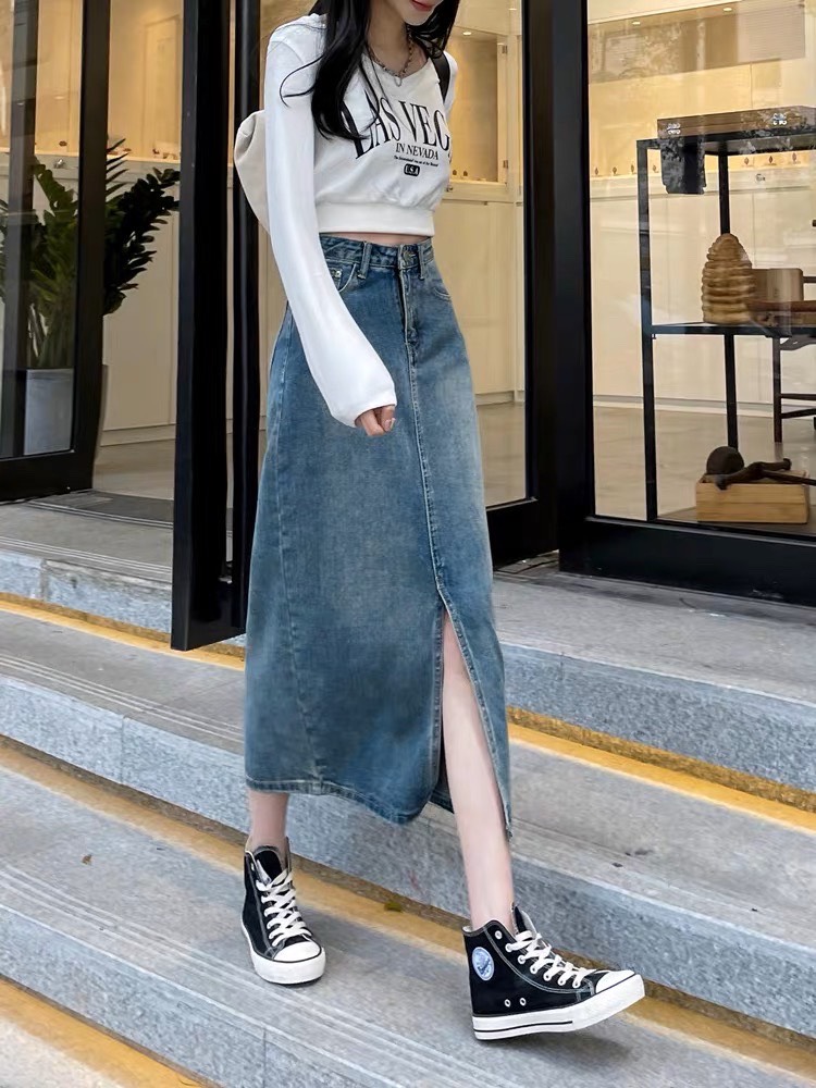 Chân váy jean cạp cao xẻ giữa dáng Ullzang - 247StoreFashion