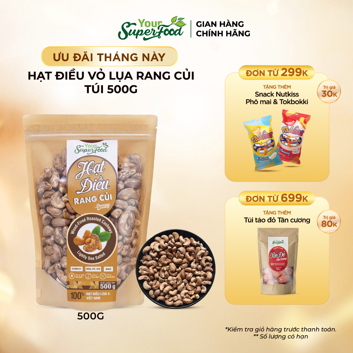Hạt Điều Rang Củi Vỏ Lụa Loại A (túi 500g) Your Superfood