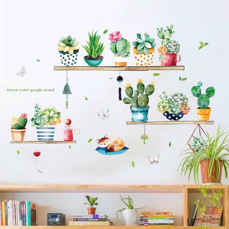[ nhiều mẫu] Decal dán tường chậu cây trên kệ