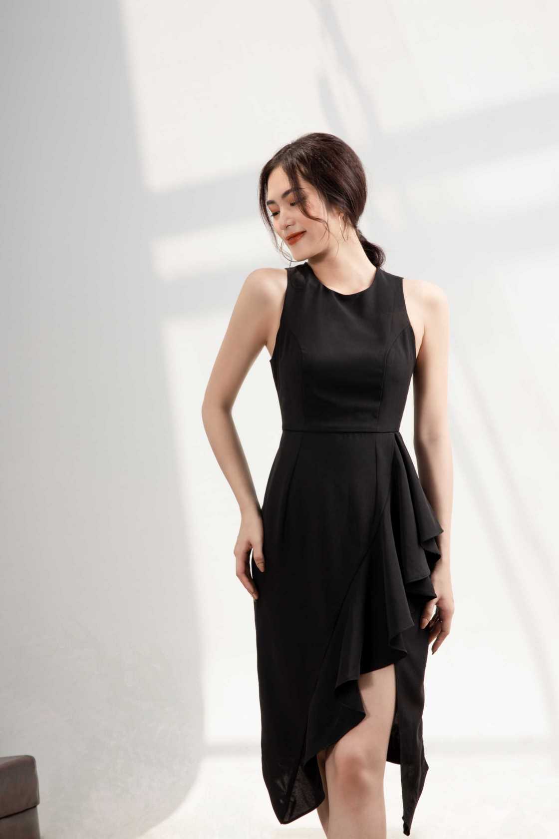 Đầm dự tiệc bèo nhún ôm body xẻ tà lụa Ý mịn mát