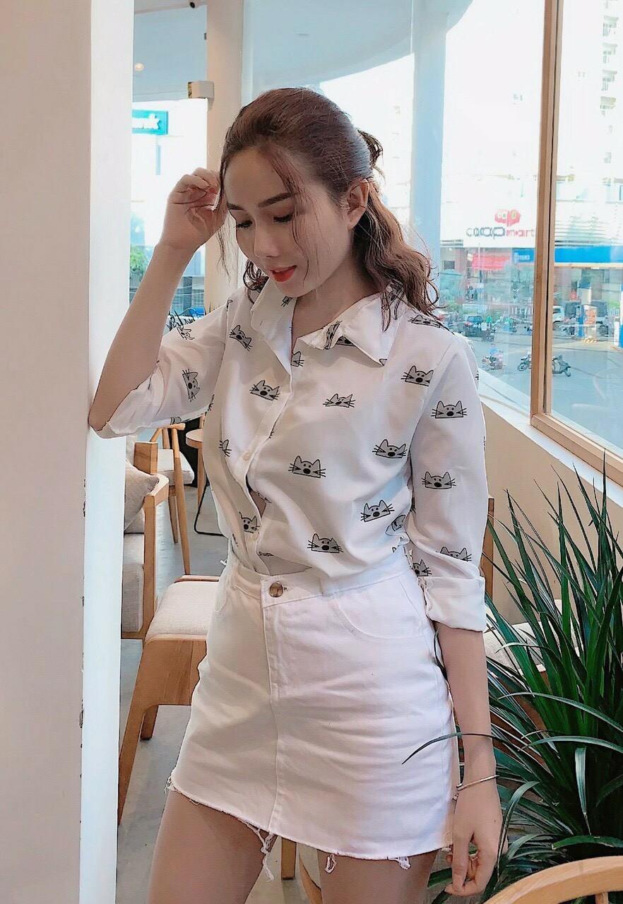 Áo sơmi kate in nhiều hình mèo cực cute TTS0324