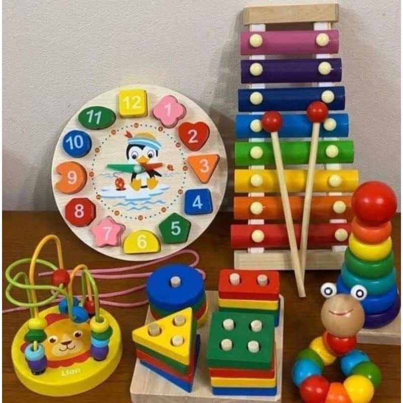 Combo 6 món đồ chơi gỗ an toàn cho bé- phát triển trí tuệ