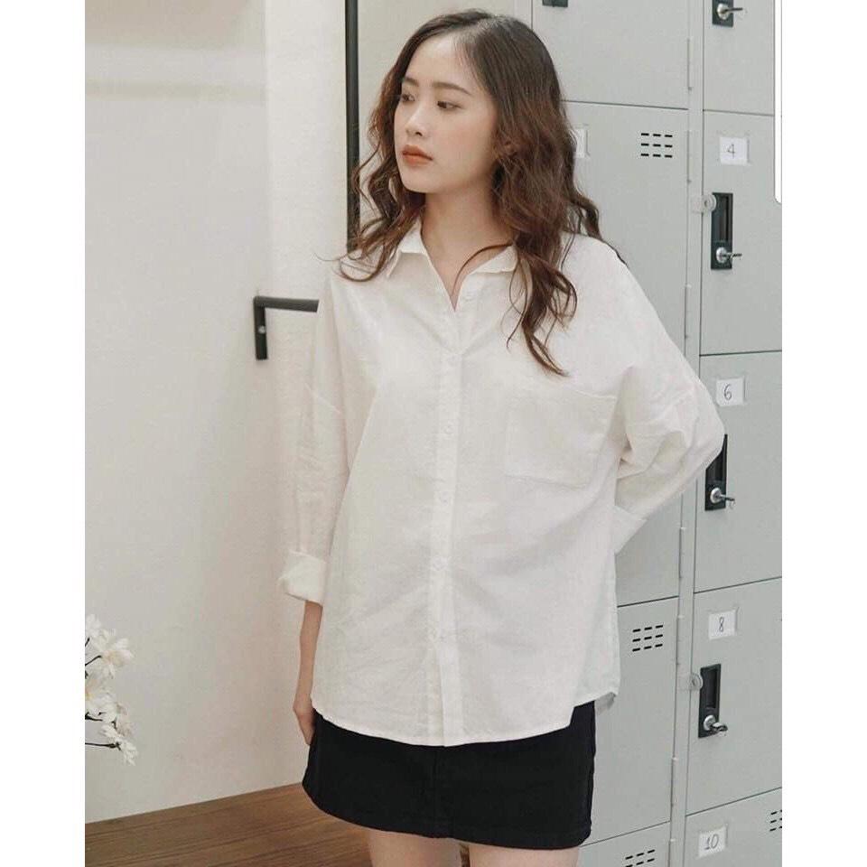 [HOT] Áo Sơ Mi Trắng Trơn Dài Tay 1 Túi Oversize Basic