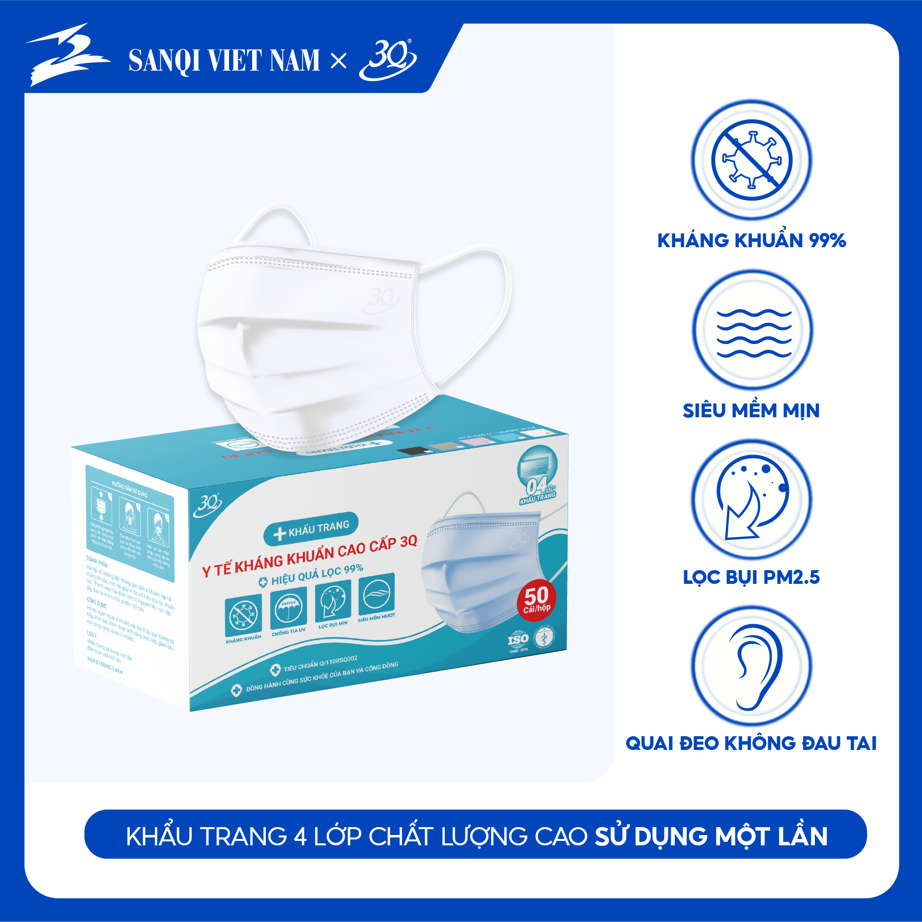 Giá Shock Chính hãng - Hộp 50 cái khẩu trang y tế 4 lớp kháng khuẩn 3Q chuẩn xuất khẩu