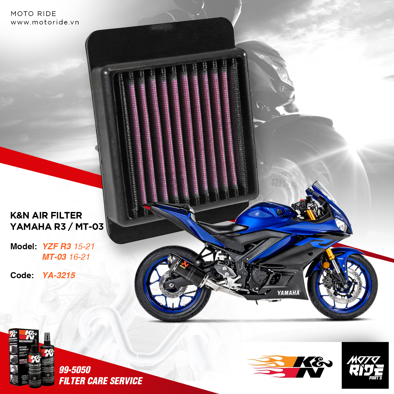 K&N YA-3215 LỌC GIÓ ĐỘ CHO YAMAHA R3 / MT-03 / GSX-R150