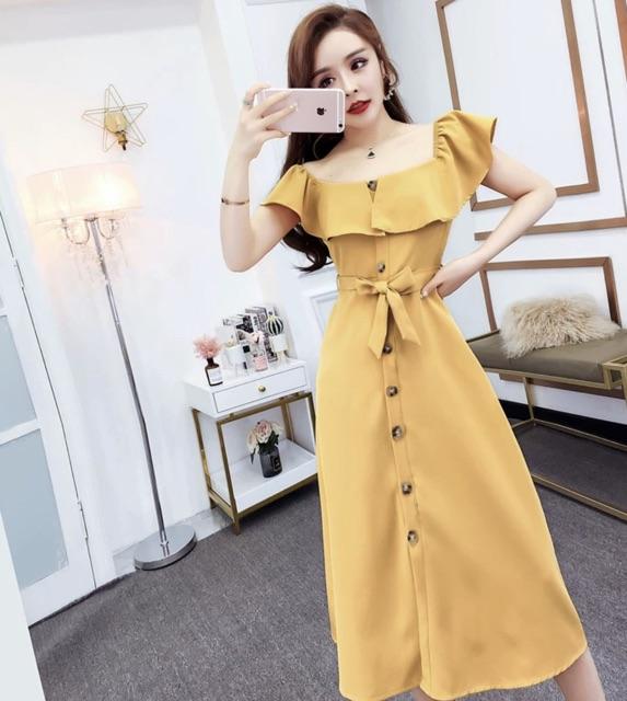 [HCM]Đầm trễ vai cột eo 3 màu - Đầm nữ dự tiệc dạo phố dễ thương