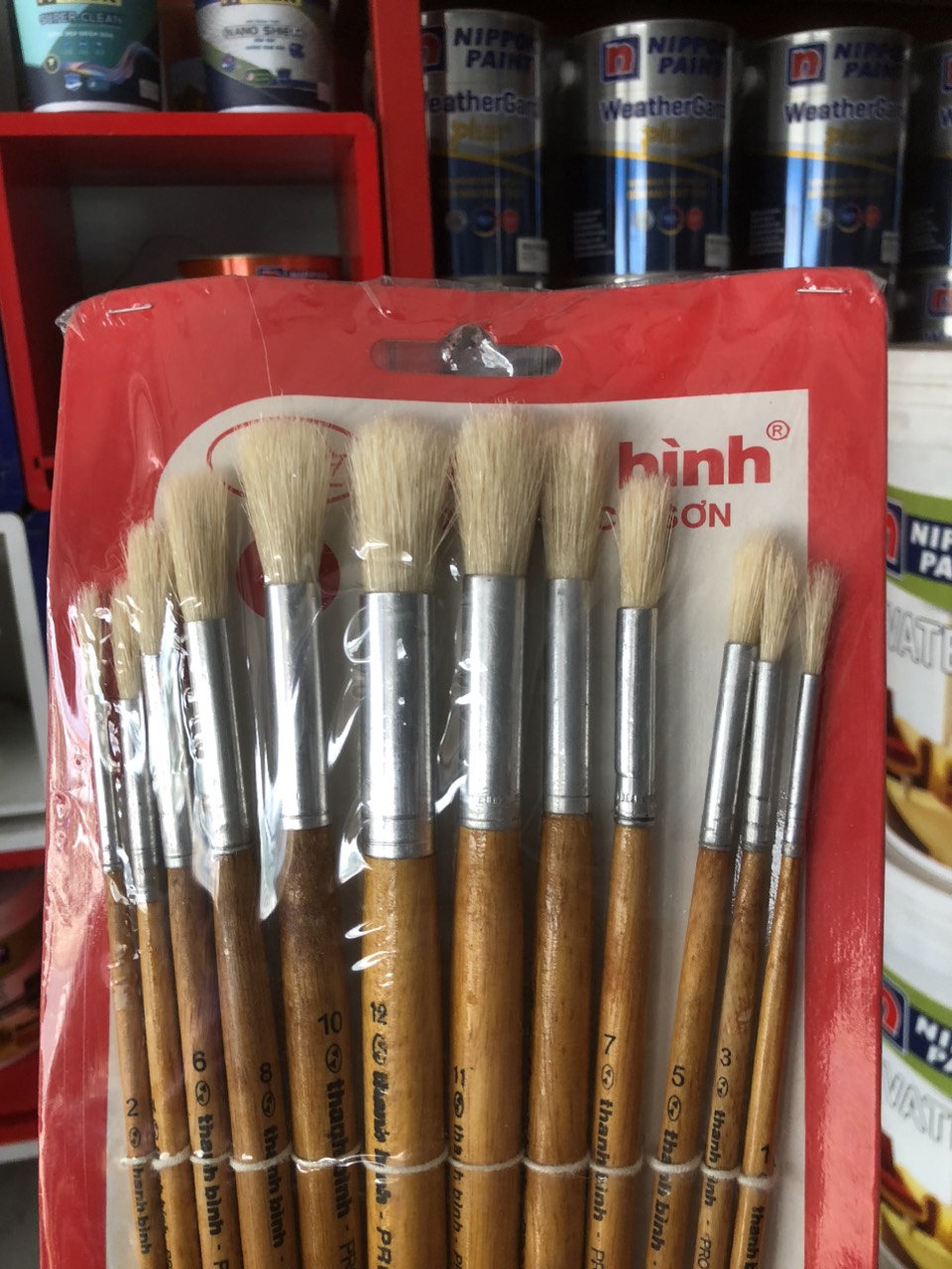 Cọ vẽ đầu dẹp thanh bình - trọn bộ 12 cây đủ size. chất liệu lông heo.