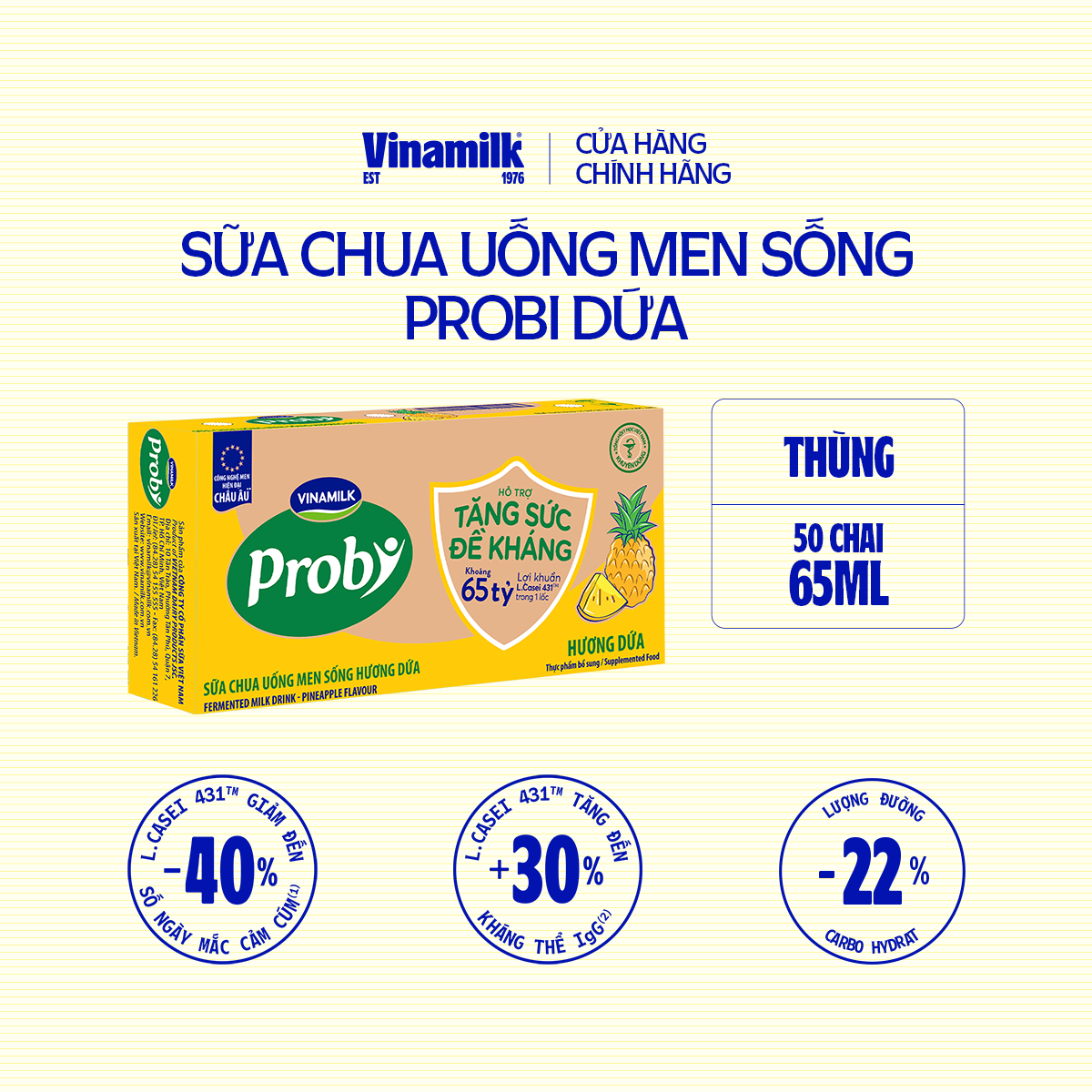 Thùng Sữa chua uống Probi Dứa chai 65ml - 50 chai/Thùng