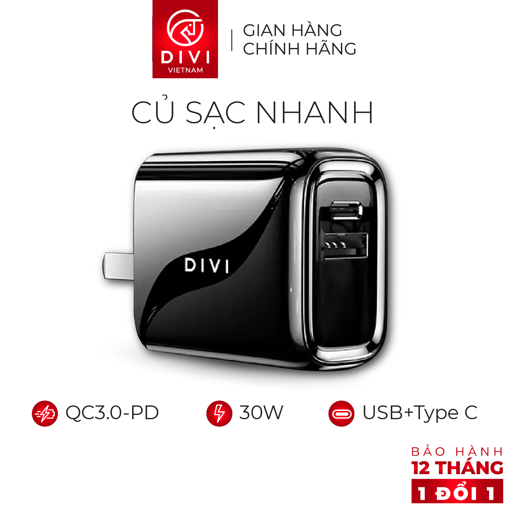 Củ Sạc Nhanh DIVI P2208 Hỗ Trợ Sạc PD, QC 3.0