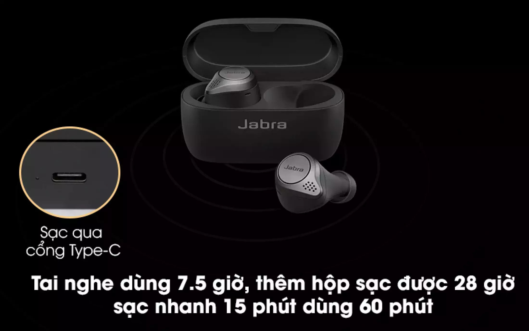 Tai nghe Bluetooth True Wireless Jabra Elite 75T, Chất Âm Thanh Cao, Âm Trầm Mạnh Mẽ, Chống Nước và Chống Bụi IP55, Pin liên tục 28h, Tích hợp với các hệ điều hành hiện nay