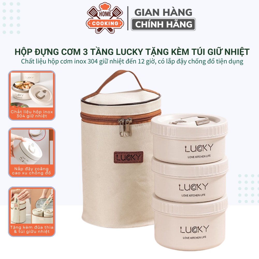 HỘP CƠM 3 TẦNG LUCKY -TẶNG KÈM TÚI ĐỰNG + ĐŨA THÌAHỘP ĐỰNG CƠM GIỮ NHIỆT LUCKY HỘP CƠM TRƯA VĂN PHÒN