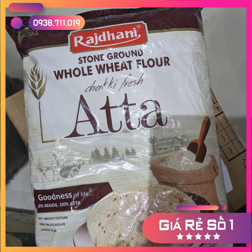 Bột Mì Nguyên Cám Ấn Độ Atta Rajdhani Whole Wheat Flour, gói 5kg VOVE