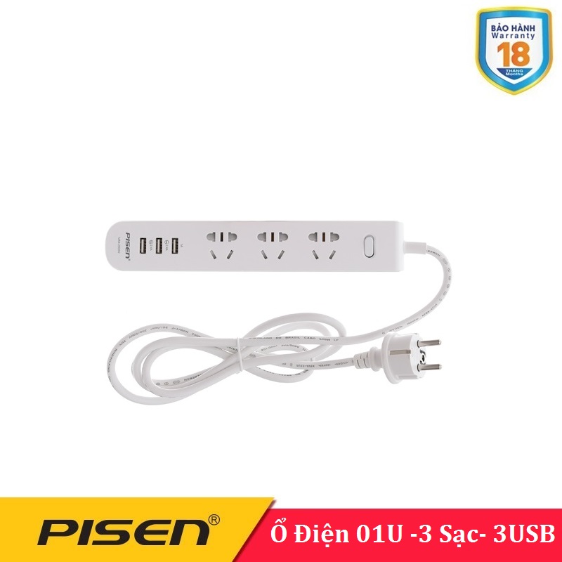 Ổ cắm điện đa năng Pisen 303  ( 3AC , 3USB ) -BH 18 Tháng